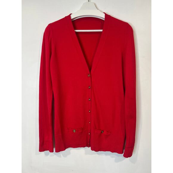 Anne Klein Red Preppy Cardigan Gold Buttons Cotton Size M - Picture 3 of 9